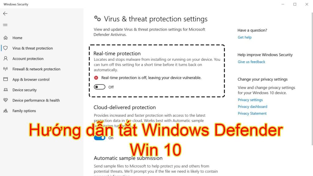 Hướng dẫn tắt Windows Defender Win 10